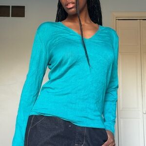 Express Turquoise Long Sleeve V-Neck Top